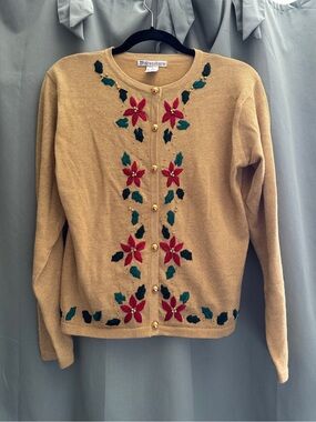 Dressbarn Gold Poinsettia Embroidered Cardigan Sweater